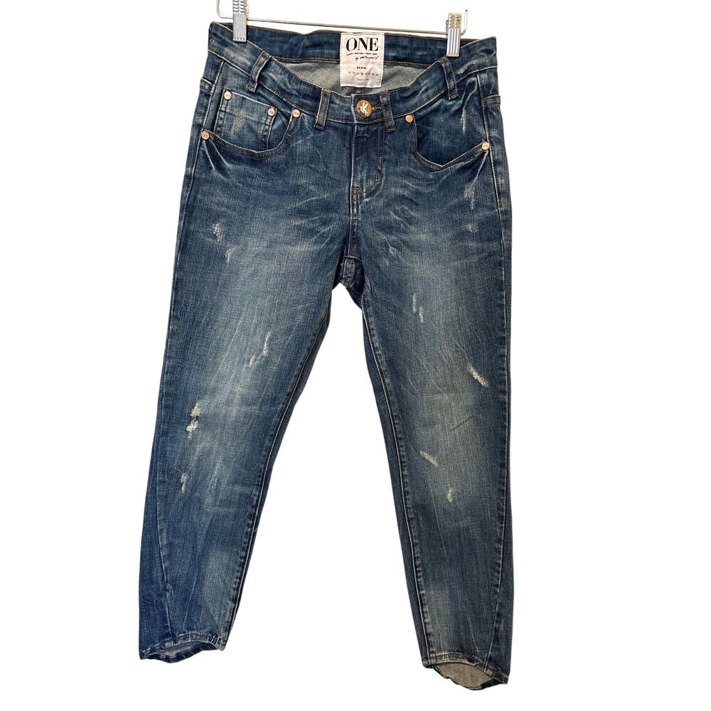 One Teaspoon Sz 26 Low Waist Distressed Straight Boyfriend Denim Blue Jeans